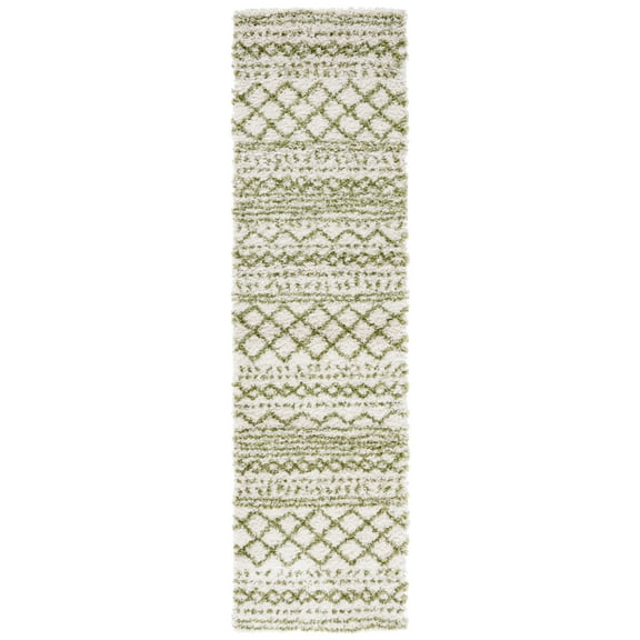 SAFAVIEH Arizona Teagan Geometric Shag Runner Rug, Ivory/Green, 2'3" x 8'