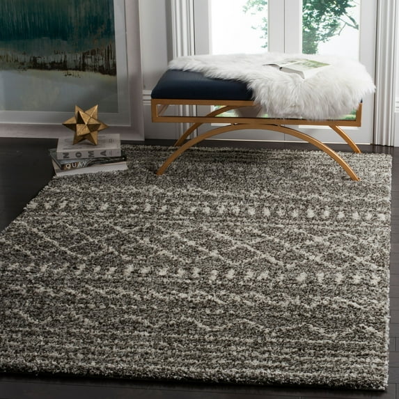 SAFAVIEH Arizona Teagan Geometric Striped Shag Area Rug, Brown/Ivory, 5'1" x 7'6"