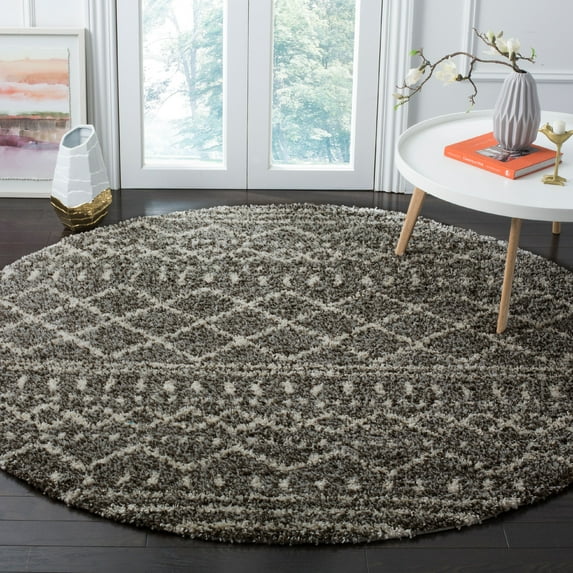 SAFAVIEH Arizona Teagan Geometric Striped Shag Area Rug, Brown/Ivory, 6'7" x 6'7" Round