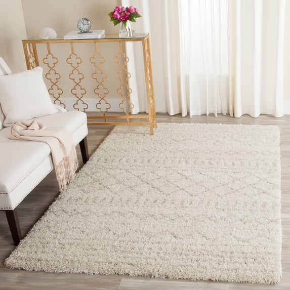 SAFAVIEH Arizona Teagan Geometric Striped Shag Area Rug, Ivory/Beige, 5'1" x 5'1" Square