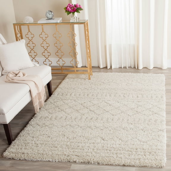 SAFAVIEH Arizona Teagan Geometric Striped Shag Area Rug, Ivory/Beige, 5'1" x 7'6"