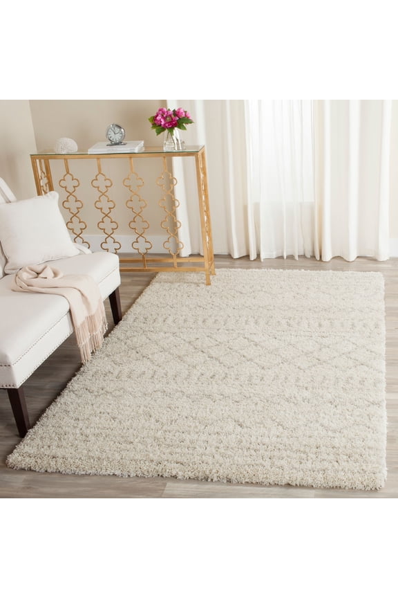 Arizona Teagan Geometric Striped Shag Area Rug, Ivory/Beige, 5'1" x 7'6"