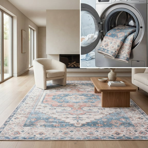 SAFAVIEH Arizona Tegan Oriental Polyester Area Rug, Beige/Light Blue, 8' x 10'