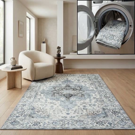 SAFAVIEH Arizona Tristen Medallion Machine Washable Area Rug, Ivory/Blue, 4' x 4' Square