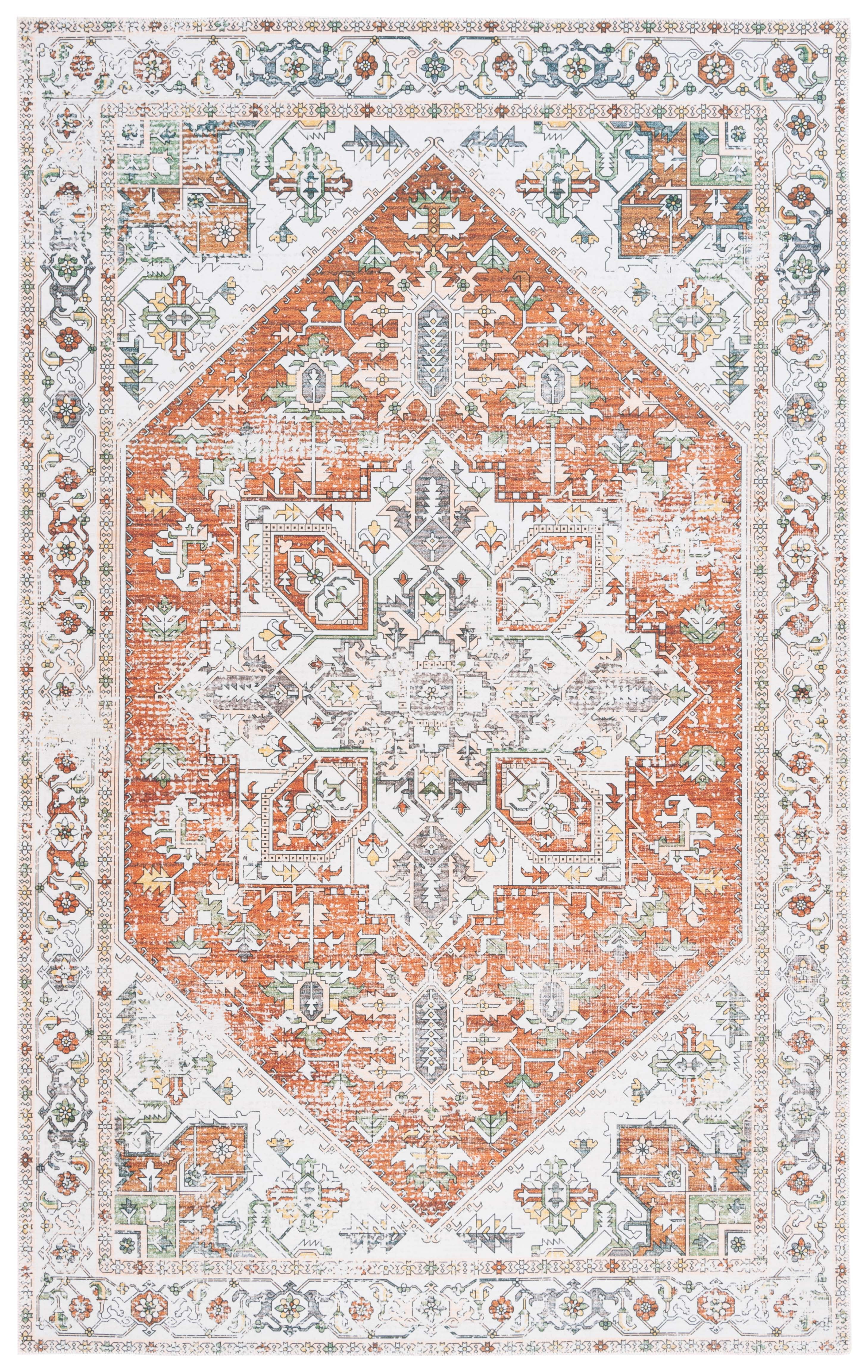 Ivory and Rust Rectangular Machine Washable Area Rug, 3' x 5'