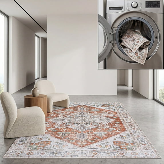 SAFAVIEH Arizona Tyler Oriental Machine Washable Area Rug, Ivory/Rust, 8' x 10'