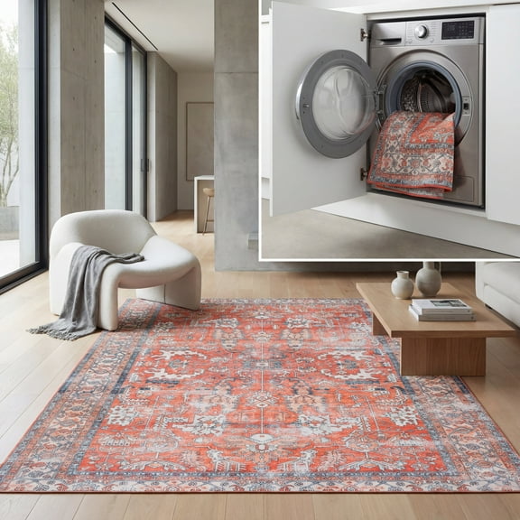SAFAVIEH Arizona Walter Oriental Machine Washable Area Rug, Rust/Aqua, 2'3" x 4'