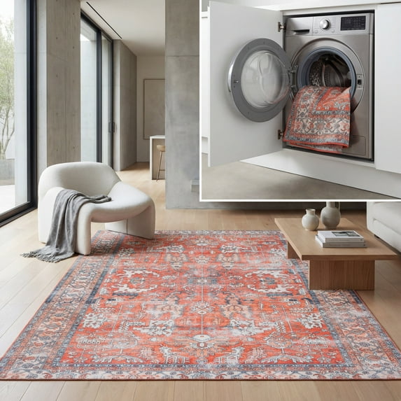SAFAVIEH Arizona Walter Oriental Machine Washable Area Rug, Rust/Aqua, 8' x 10'