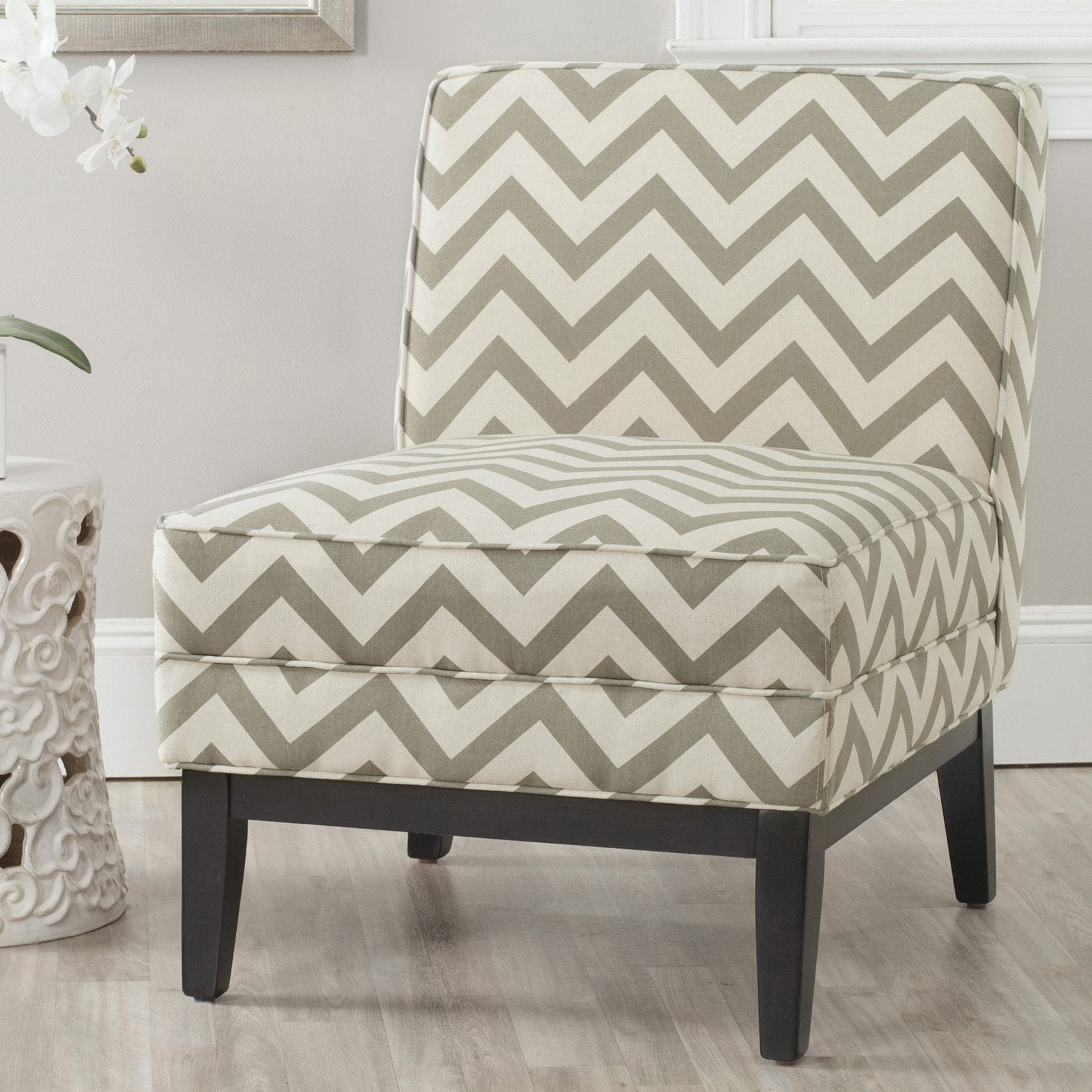 Grey and White Chevron Upholstered Slipper Chair