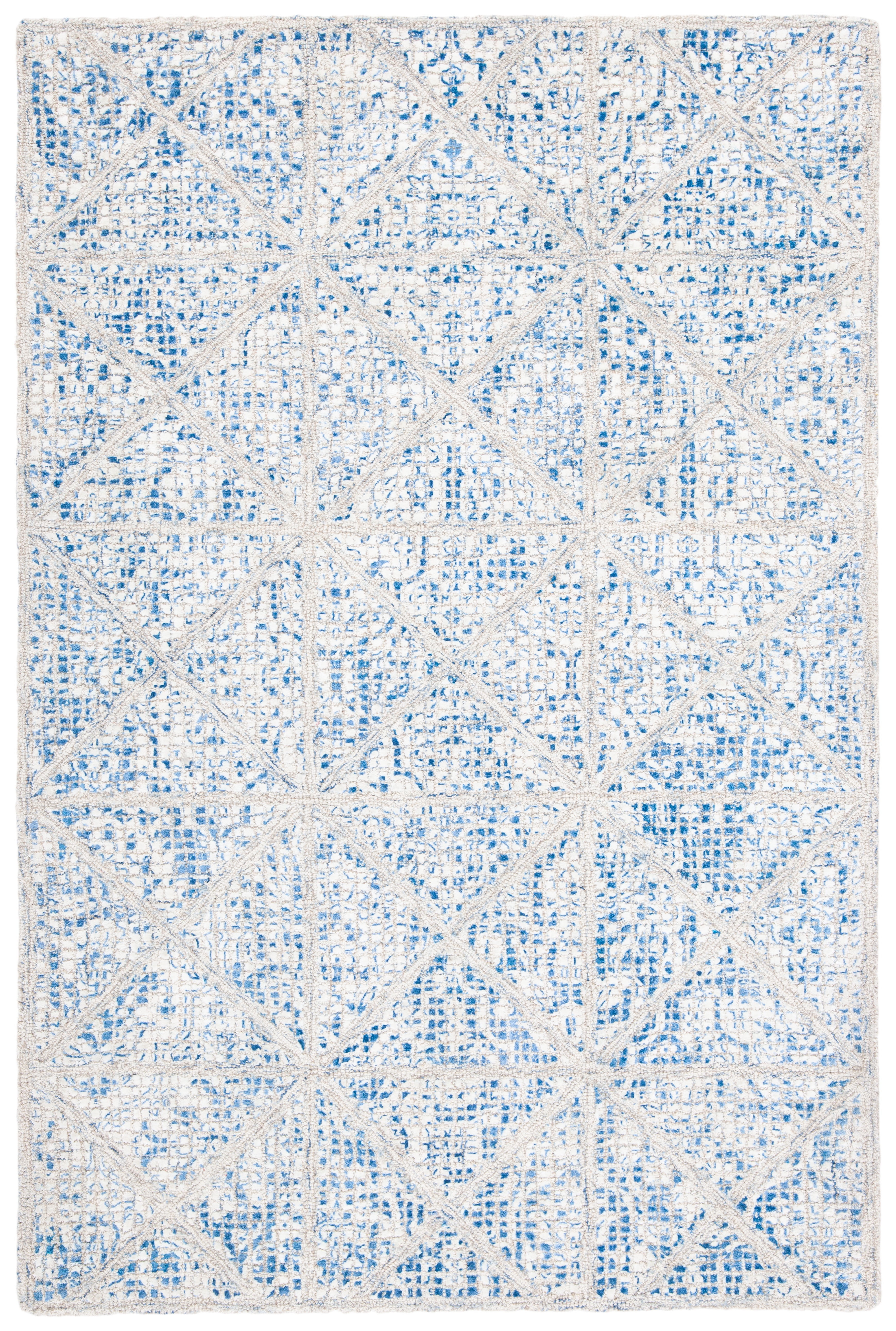 Blue Geometric 4' x 6' Handmade Wool and Viscose Area Rug