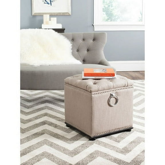SAFAVIEH Arturo Modern Glam Storage Ottoman w/ Silver Nail Heads, Beige