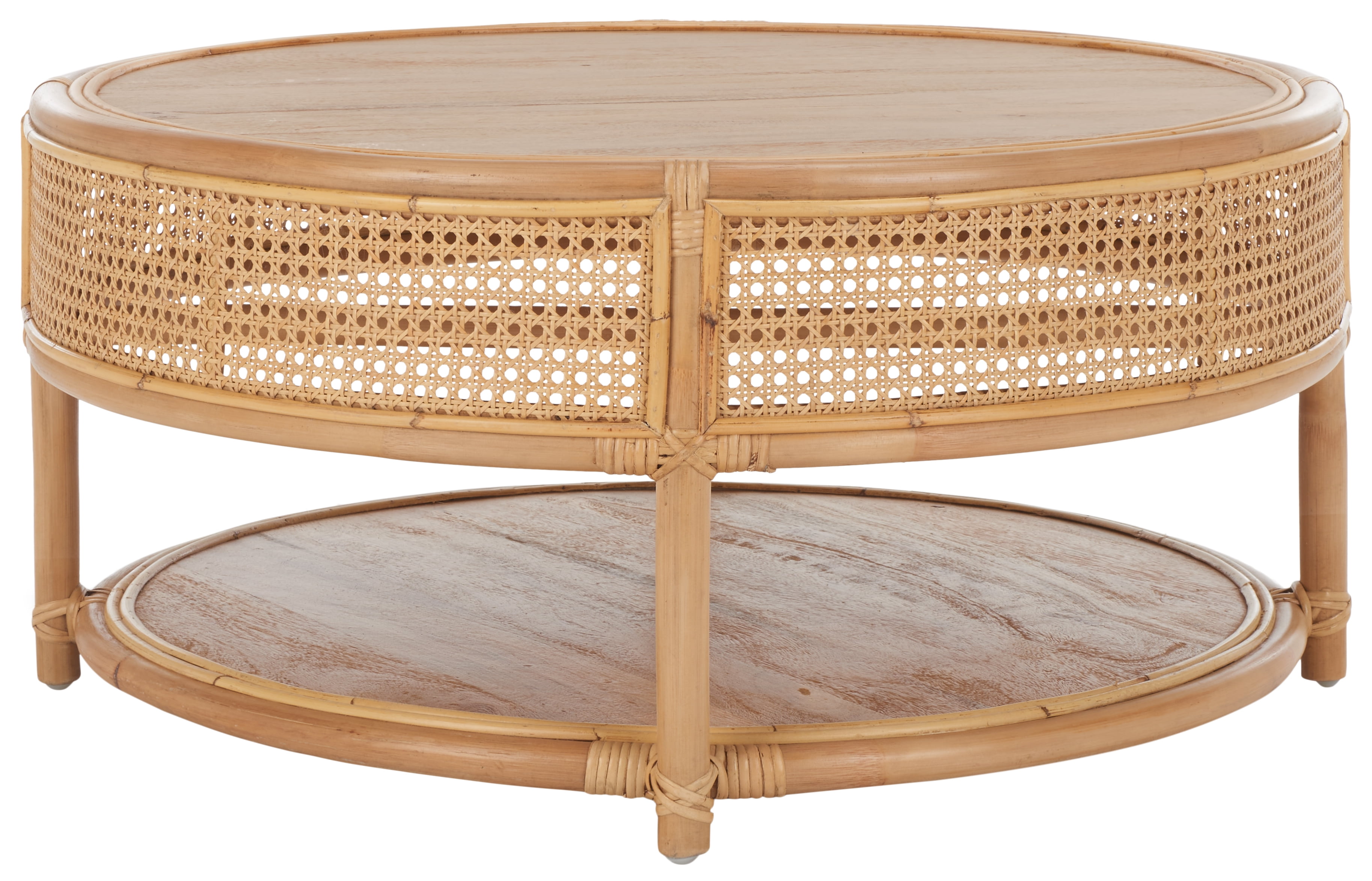 Natural Mango Wood Round Coffee Table with Rattan Mesh