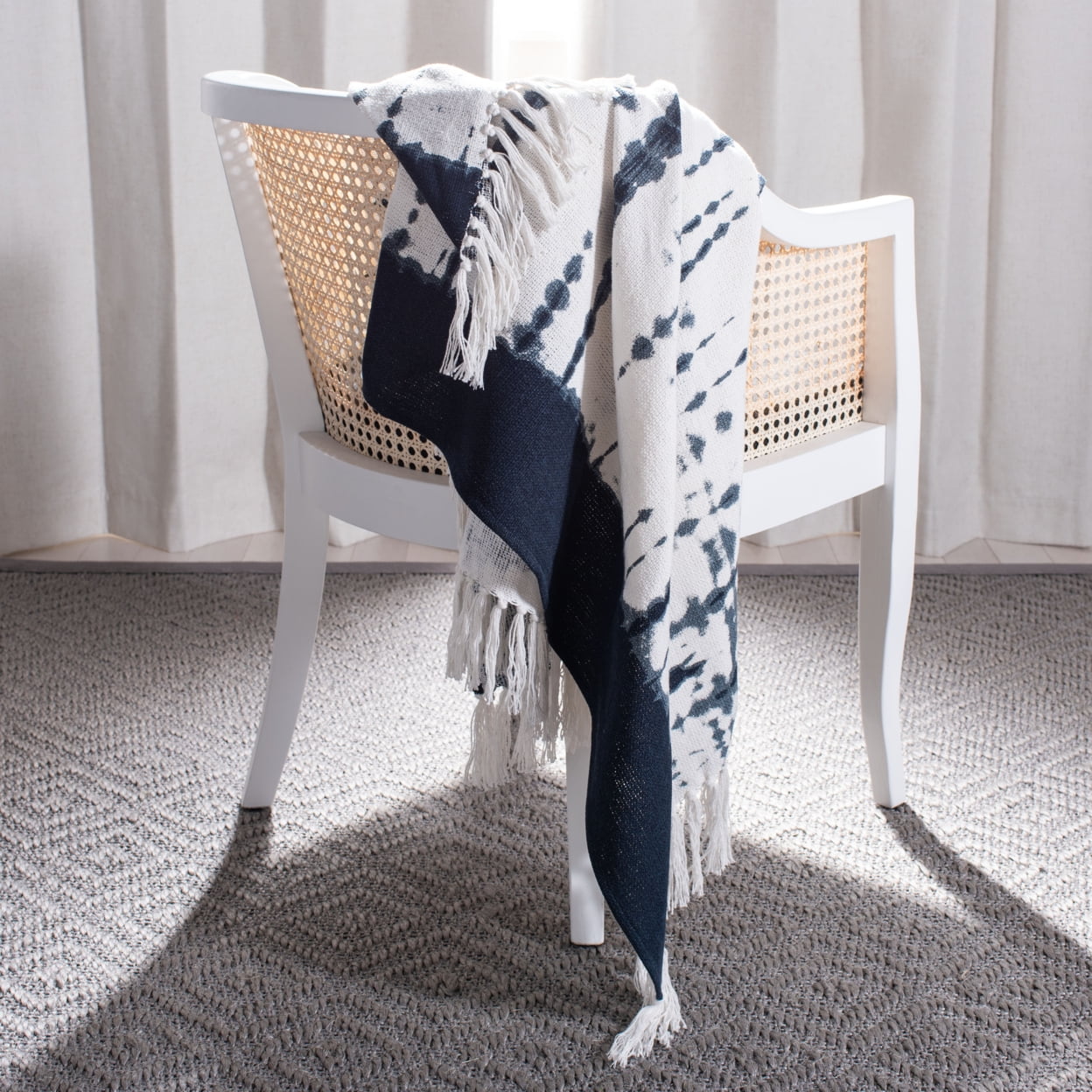 Arya Beige and Navy Cotton Throw Blanket with Fringe