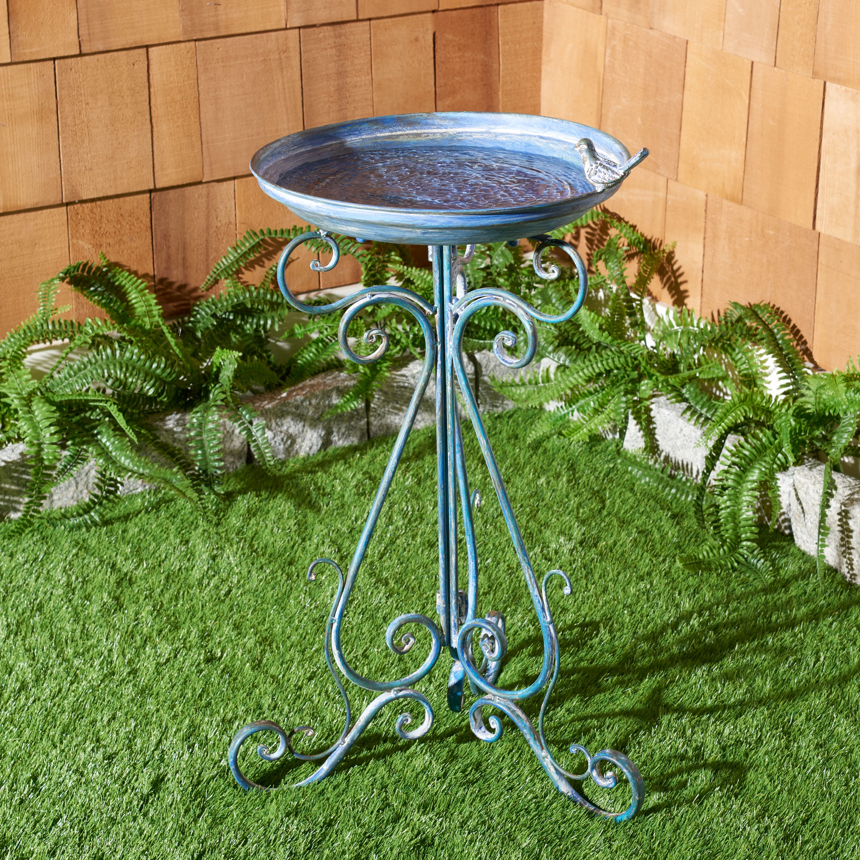 Ashlan Antique Blue Metal Outdoor Bird Bath with Sculpted Bird Ornament