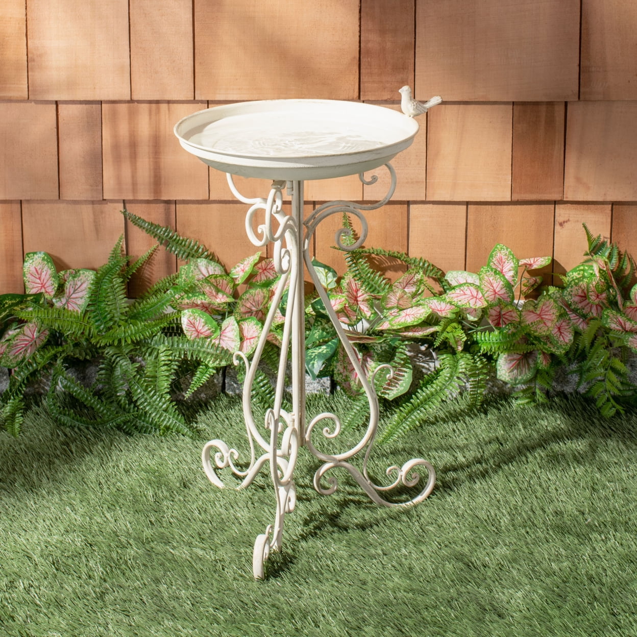 Pearl White Metal Scrolled Outdoor Bird Bath Stand