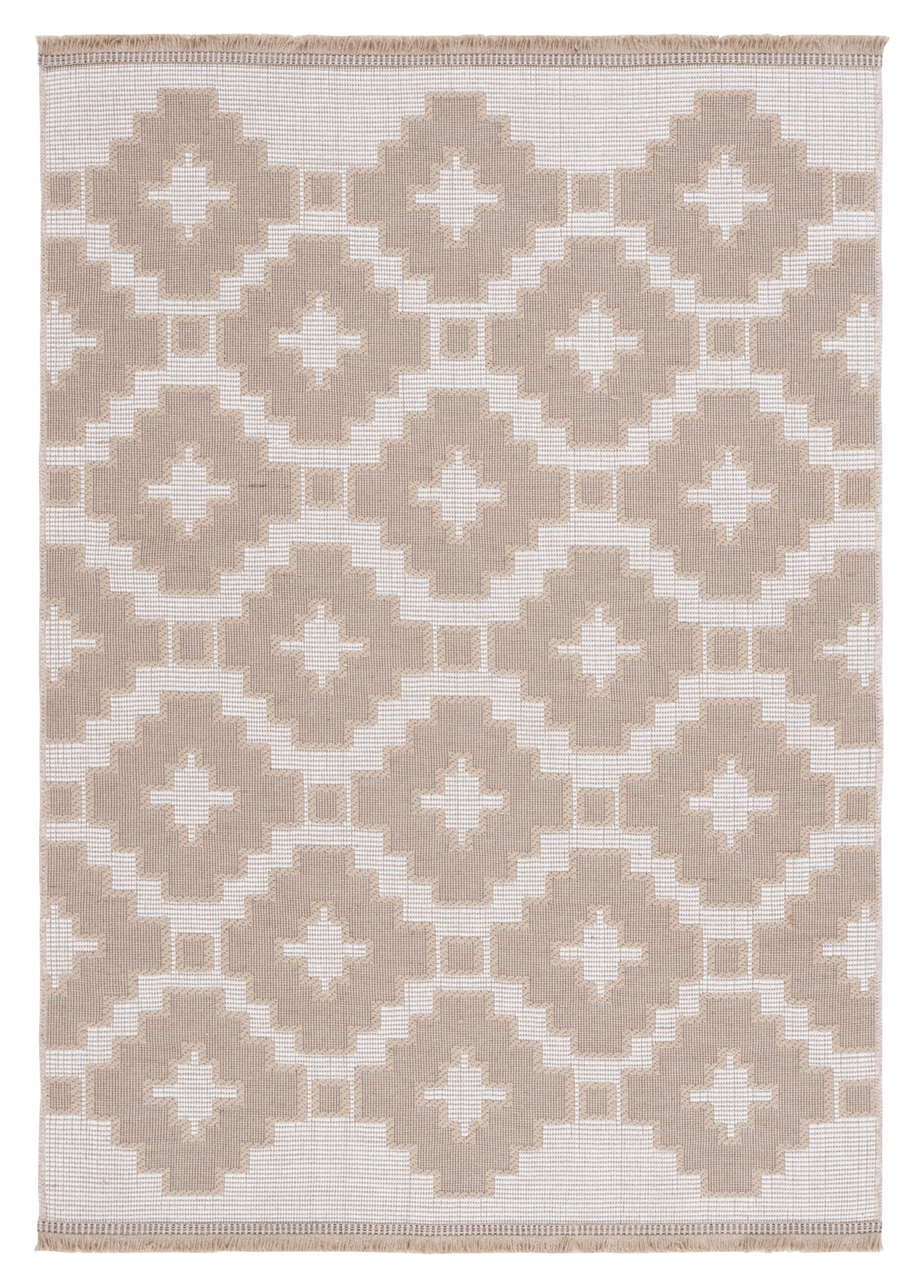 Ivory and Natural Geometric Flat Woven Wool Area Rug