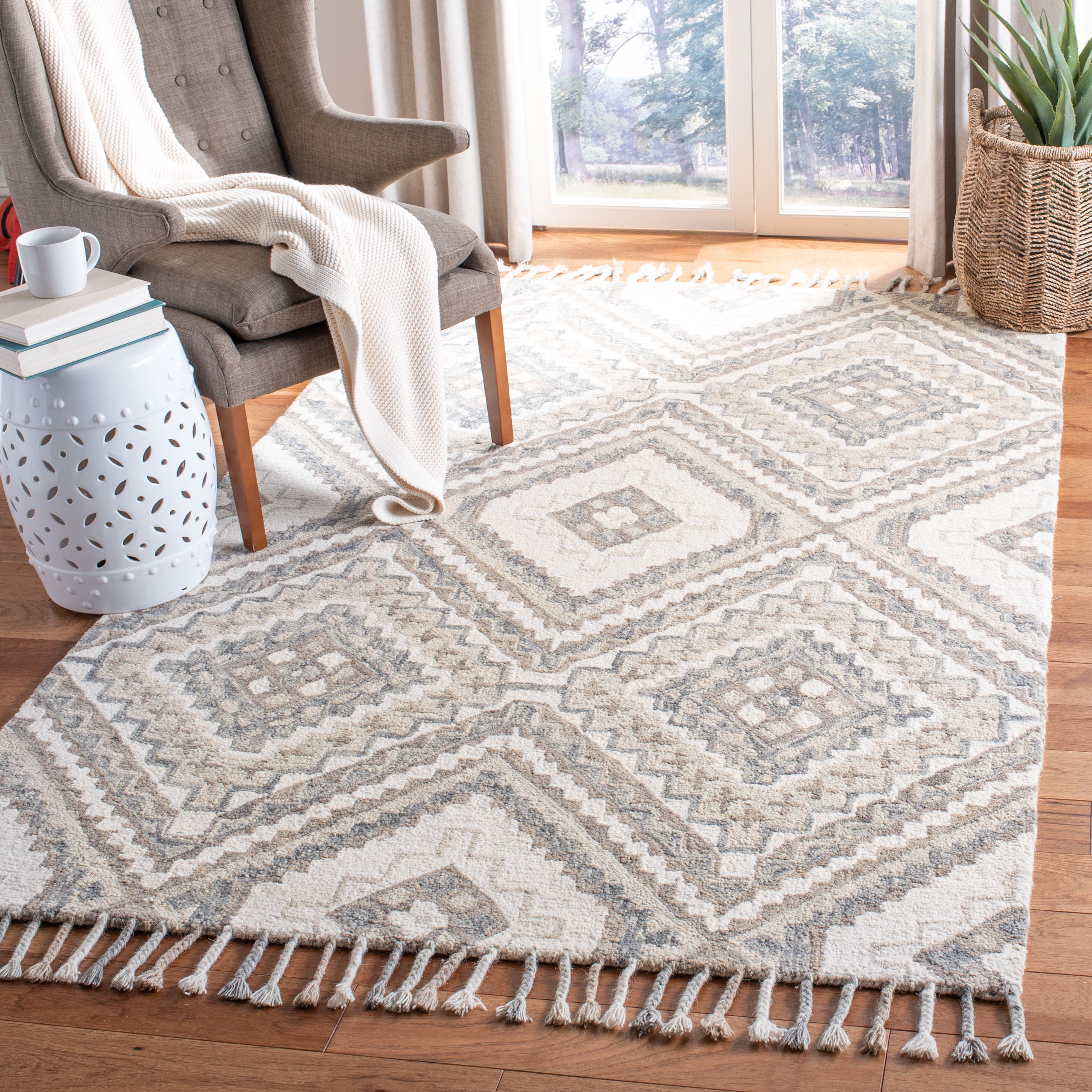 Ivory and Taupe Geometric Wool Square Area Rug