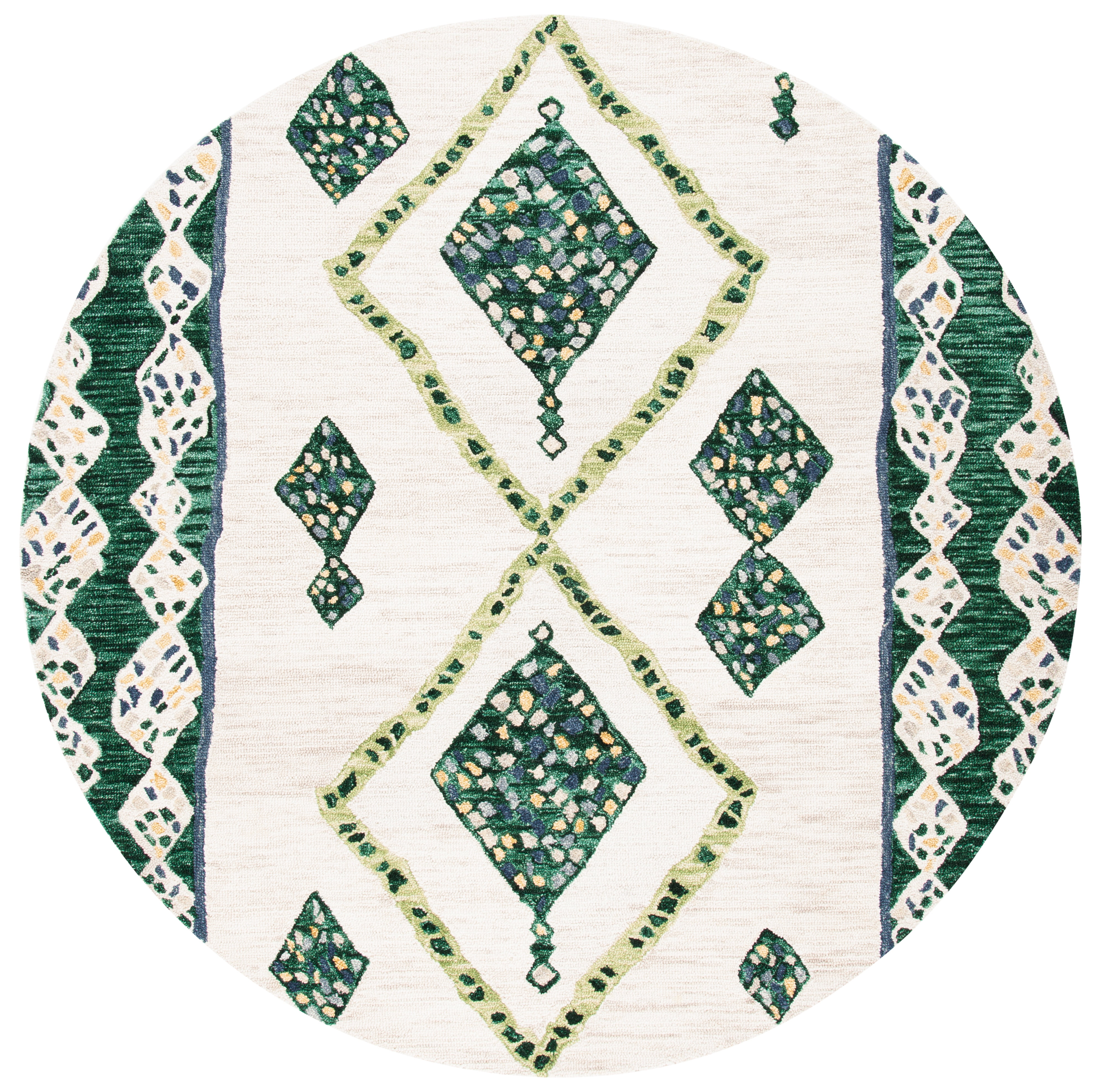 Ivory Geometric Tufted Handmade Wool Round Rug, 7' Diameter
