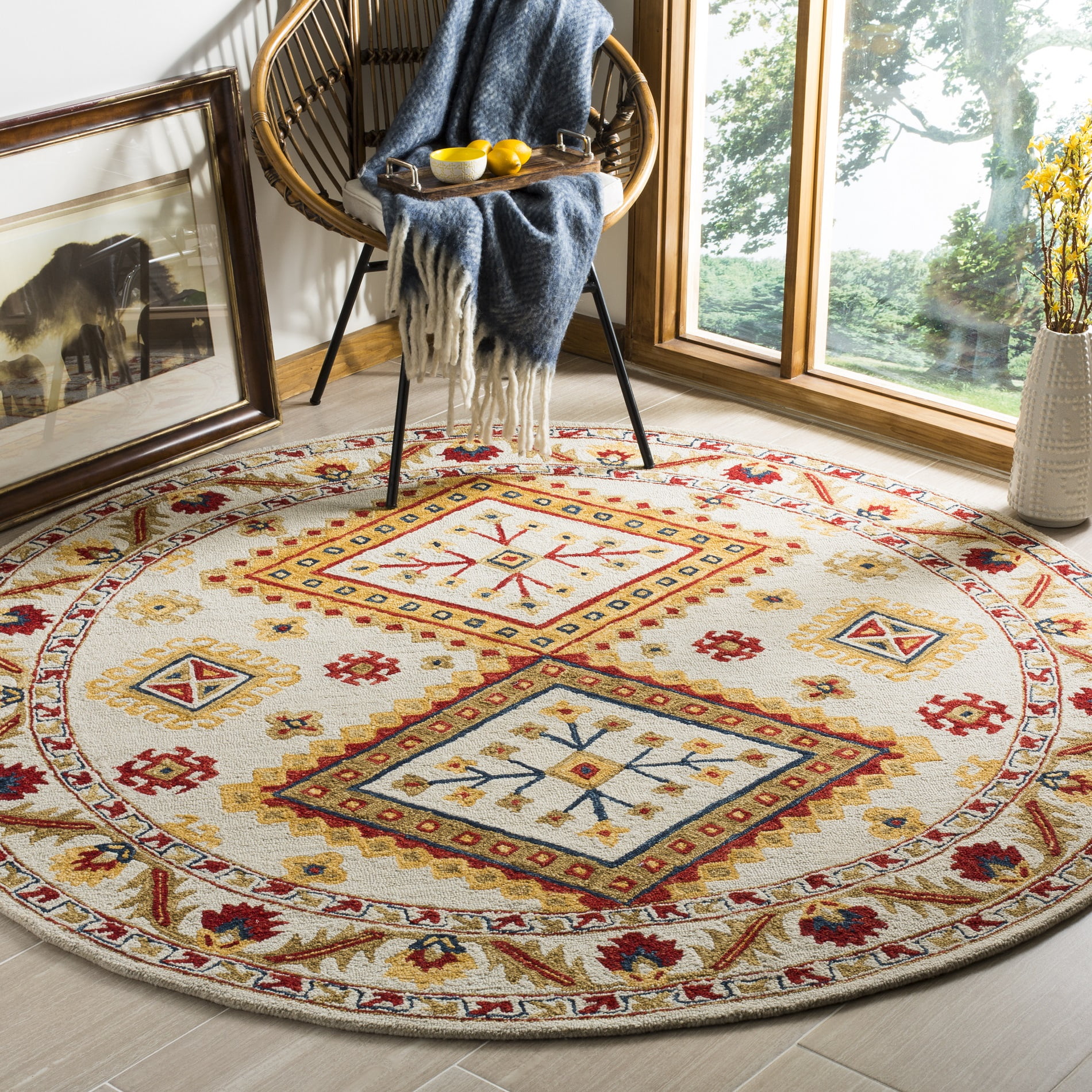Ivory Geometric Handmade Wool Round Rug - 7' Diameter