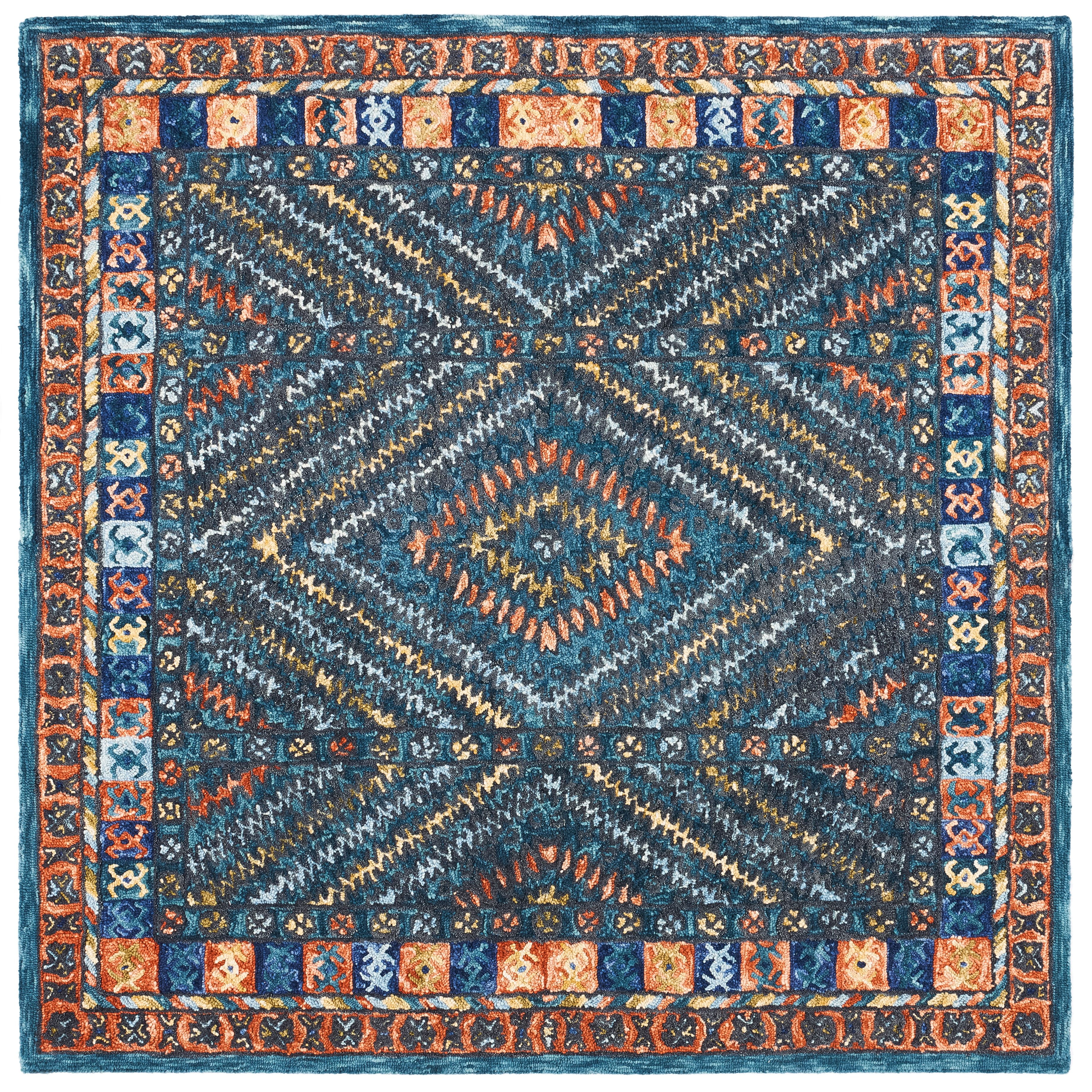 Handmade Tufted Square Blue Geometric Wool Area Rug - 7' Square