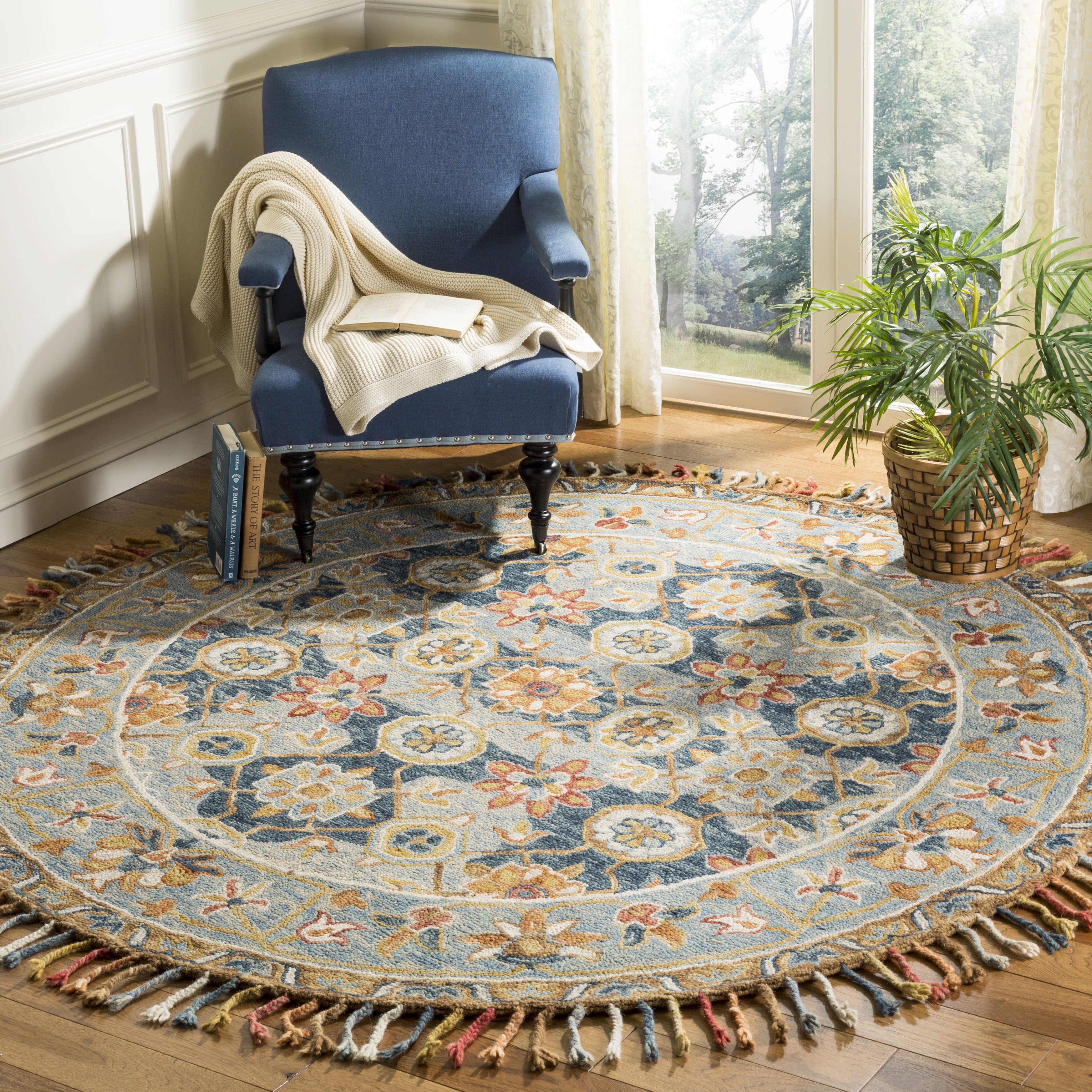 Gray and Navy Round Tufted Wool Area Rug