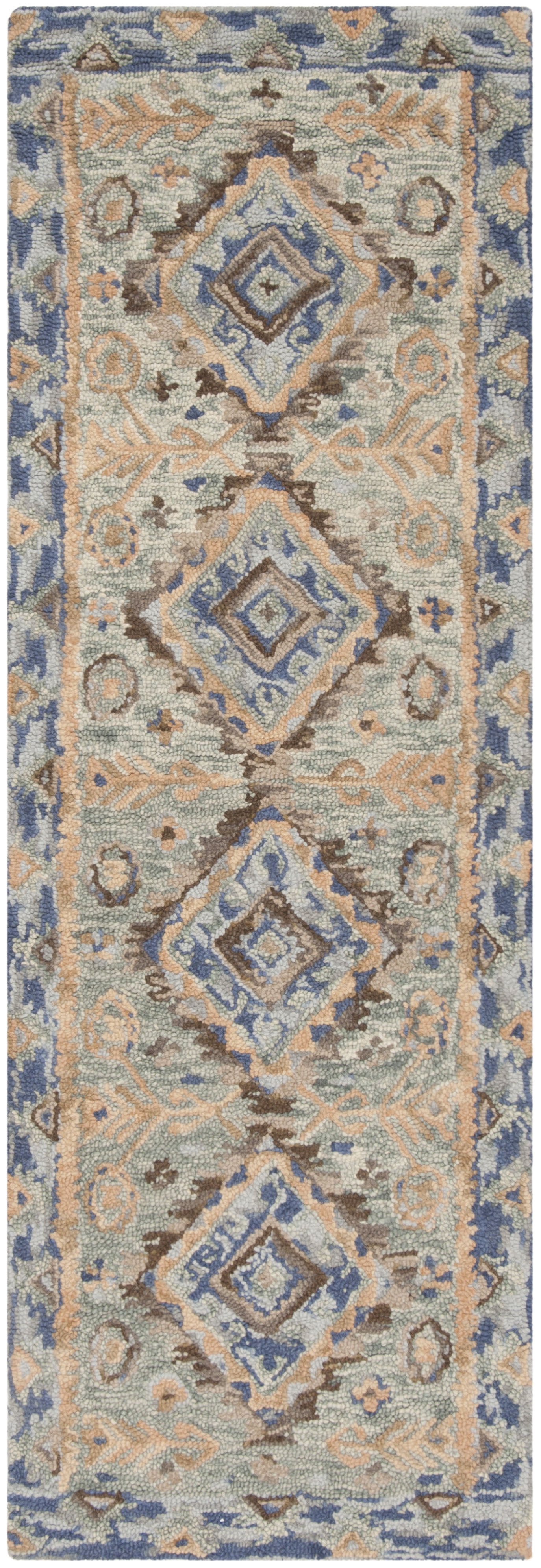 Handmade Tufted Floral Blue Wool Runner Rug 27" x 5"