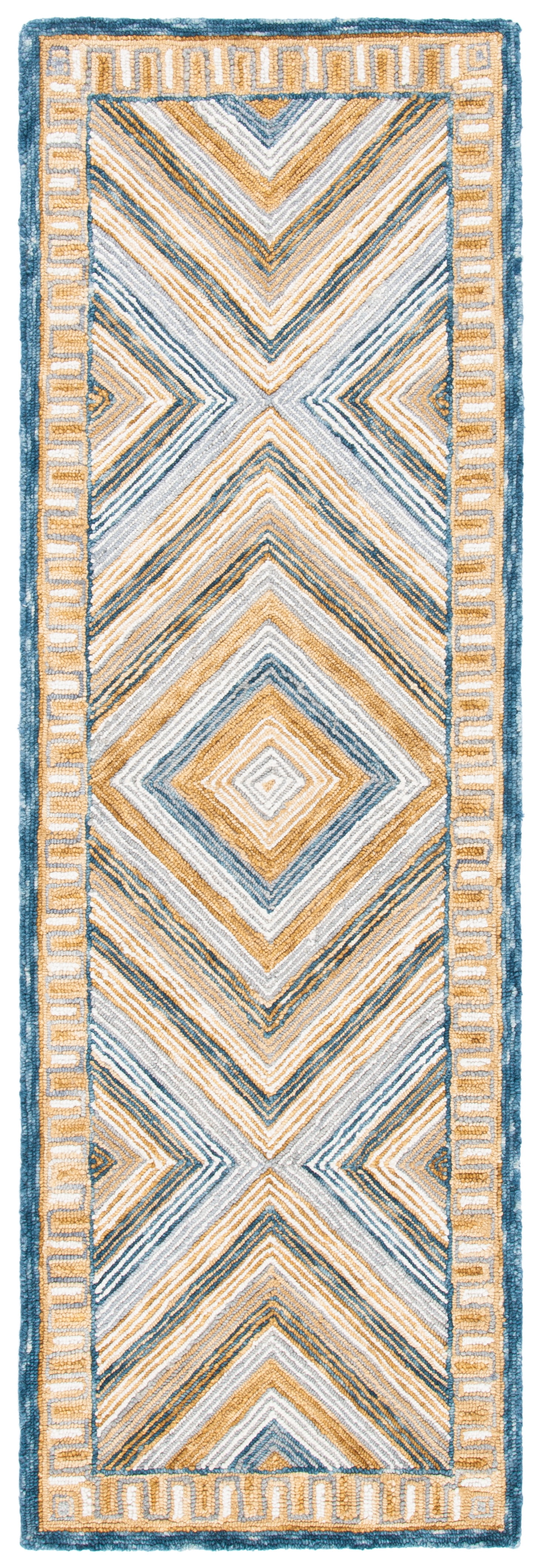 Navy and Gold Geometric Wool Runner Rug, 2'3" x 5'