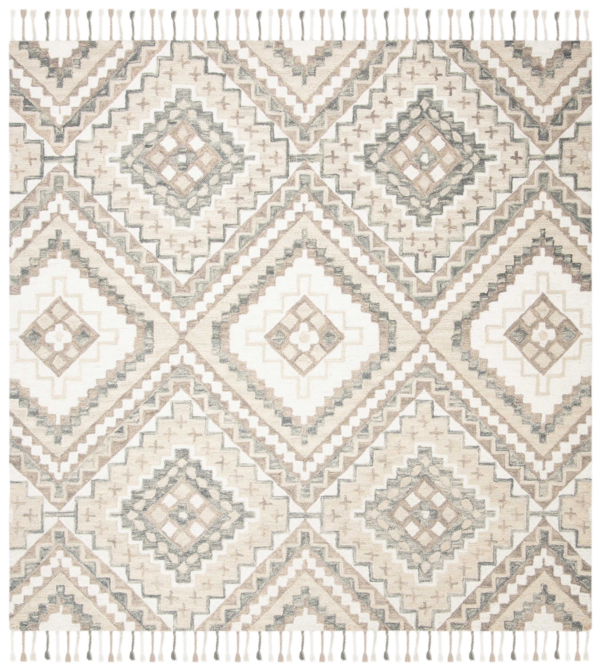 Ivory Geometric Tufted Wool 5' Square Area Rug