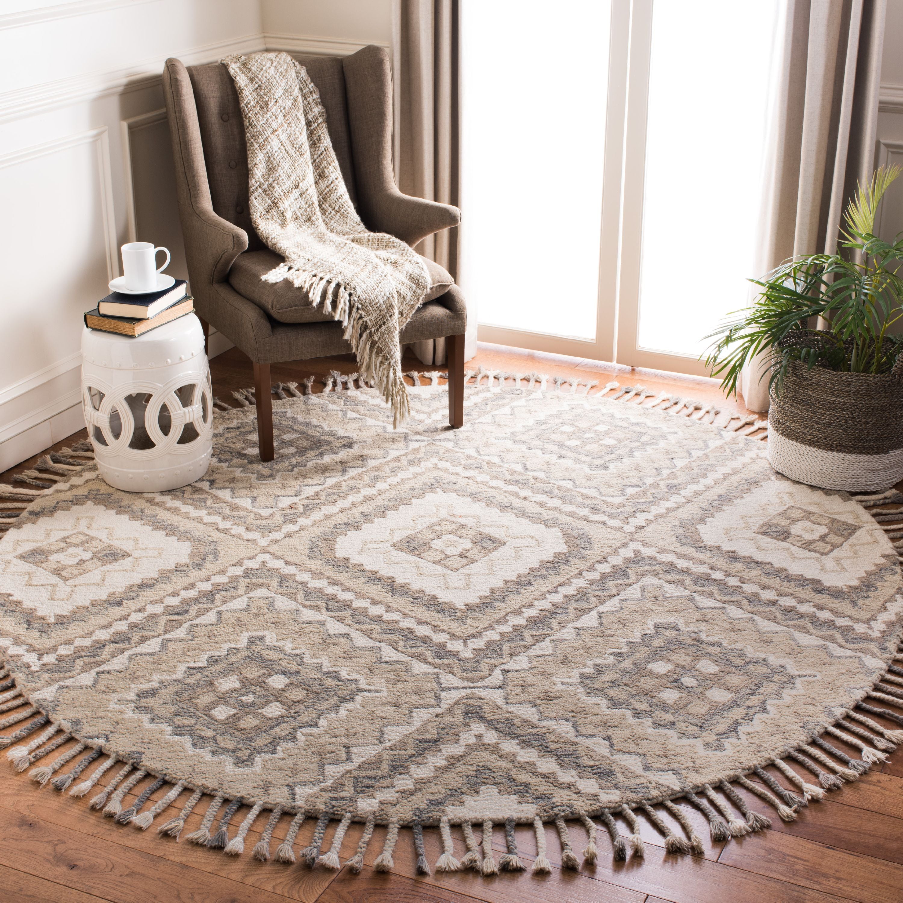 Ivory and Taupe Round Hand-Tufted Wool Area Rug, 7'