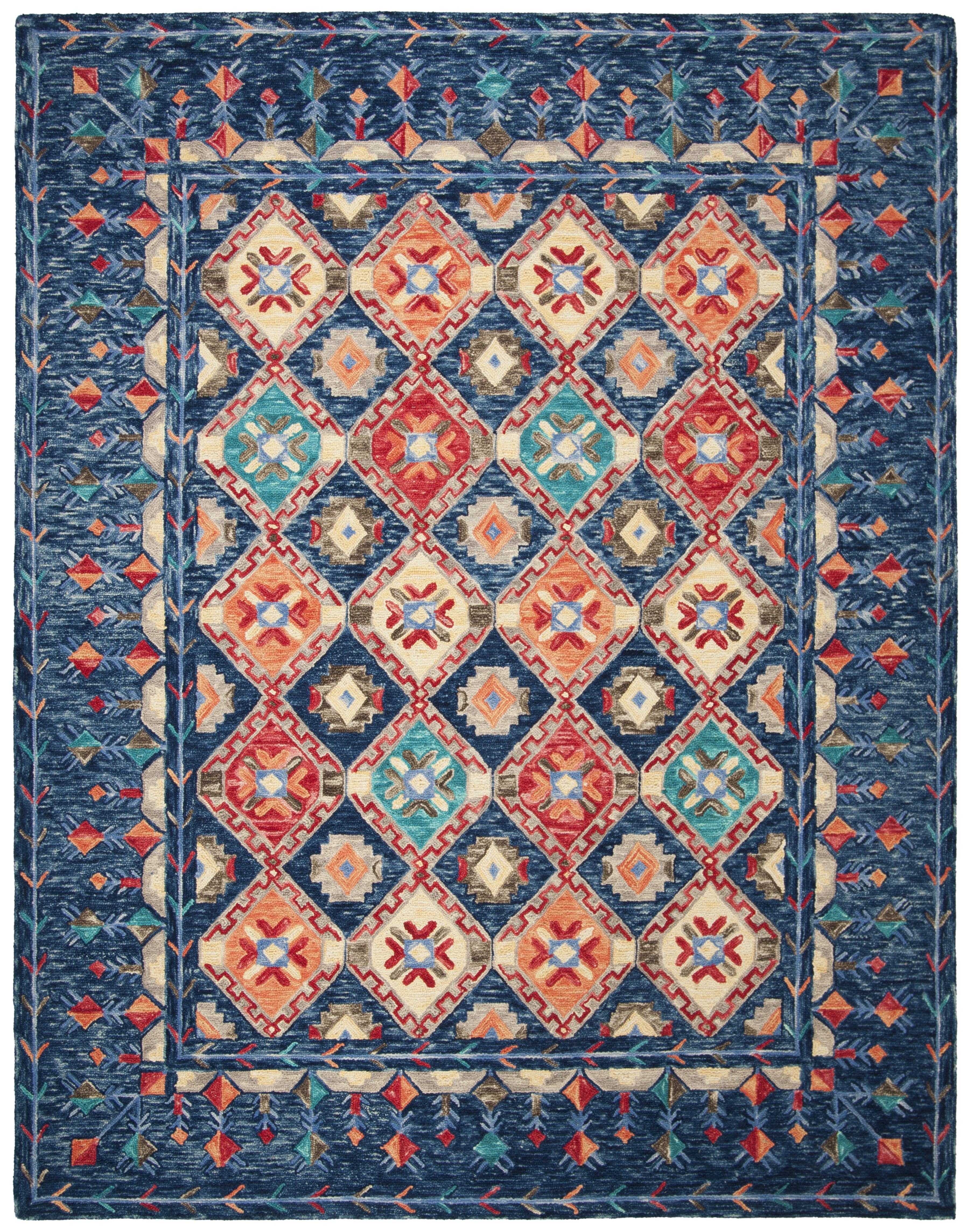 Handmade Tufted Wool Geometric Rectangular Rug 10' x 14' - Blue