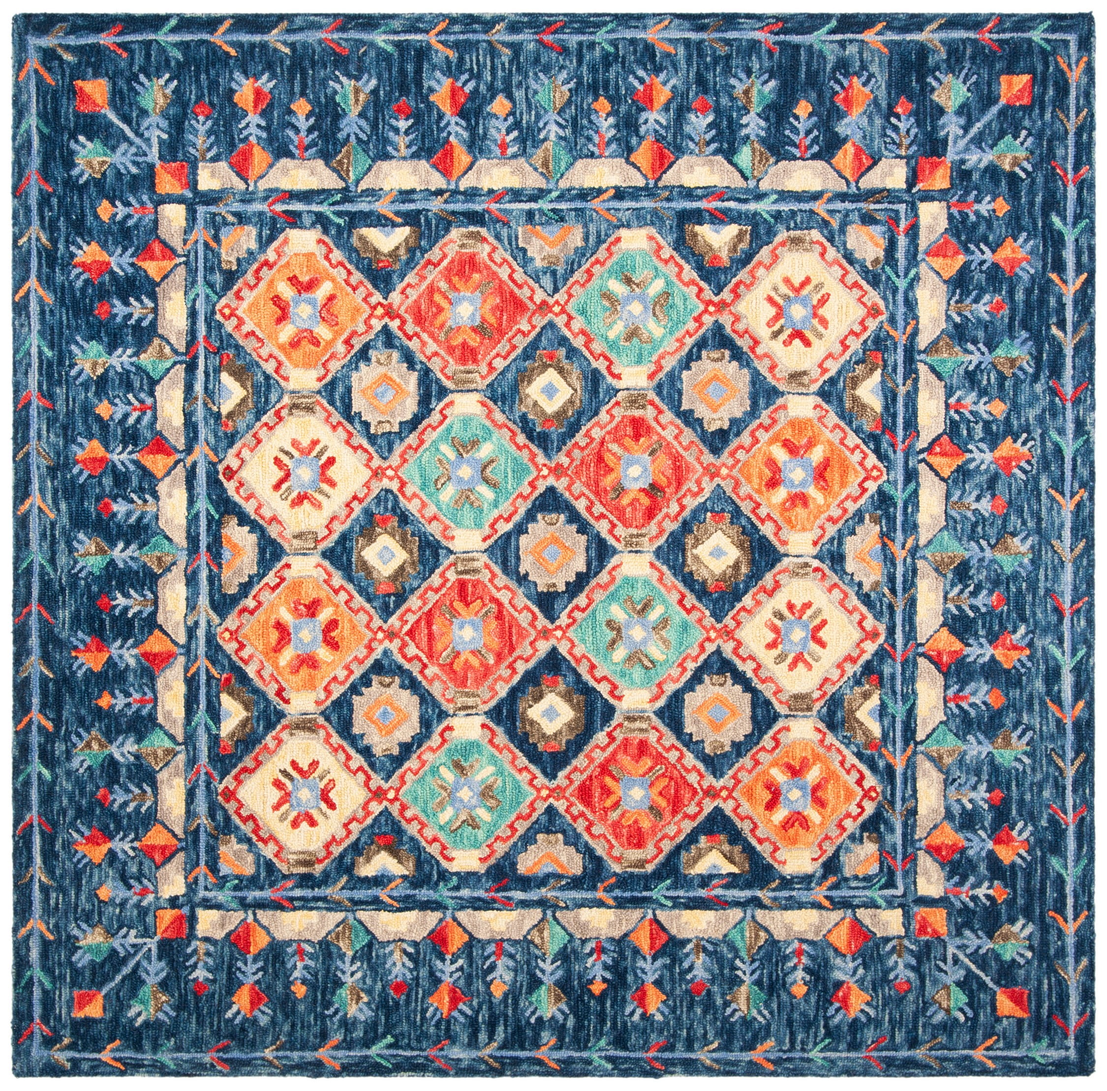 Handmade Blue Geometric Tufted Wool Square Area Rug