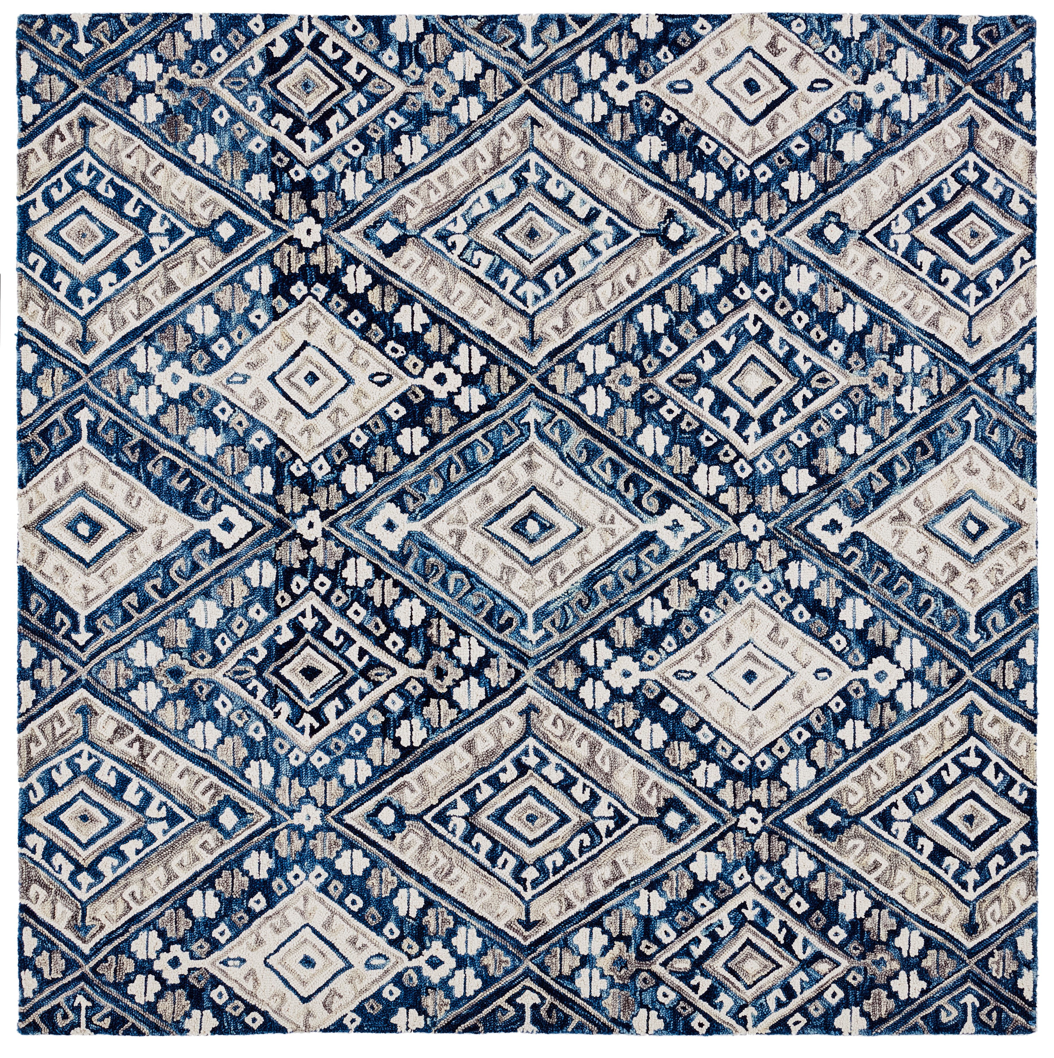 Ivory Geometric Tufted Square Wool Rug - Easy Care