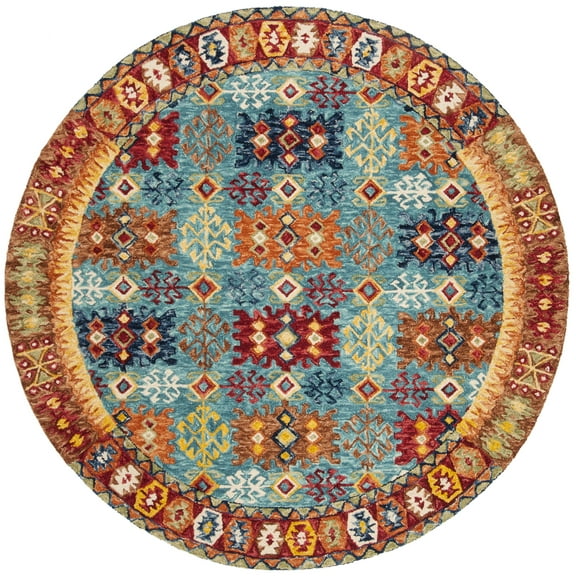 SAFAVIEH Aspen Cindra Southwestern Wool Area Rug, Blue/Red, 9' x 9' Round