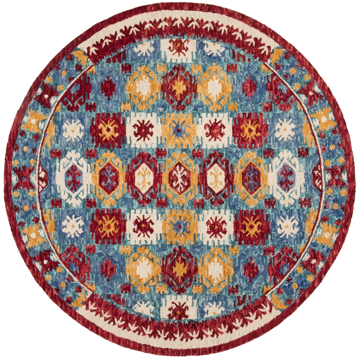 Handmade Blue and Red Wool Geometric Round Rug