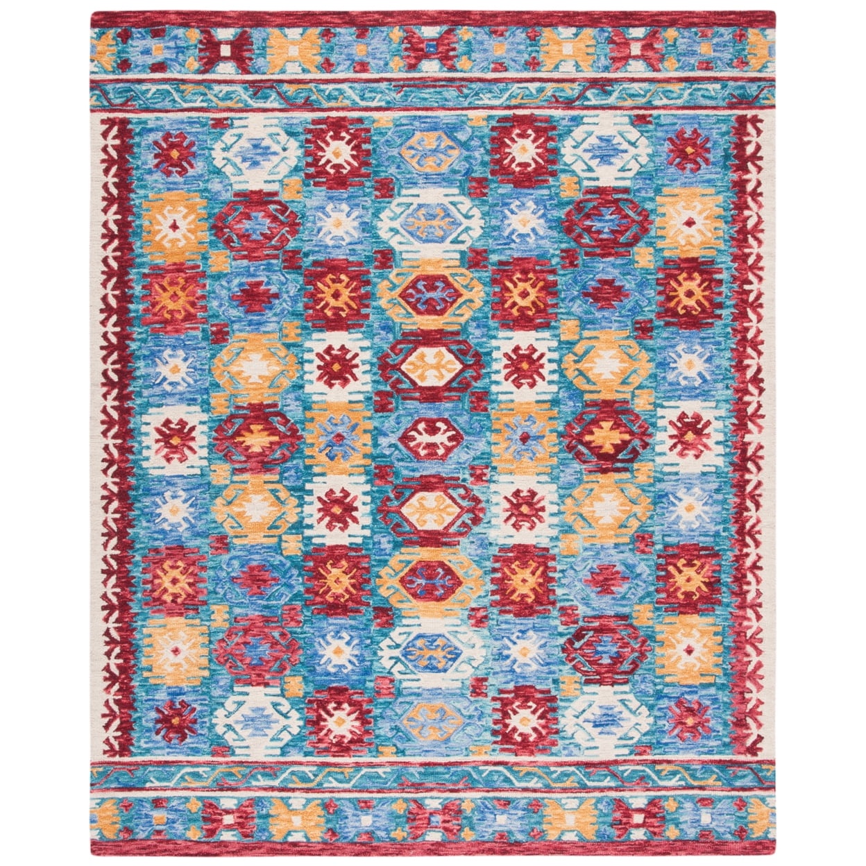 Handmade Blue and Red Wool Geometric Round Rug