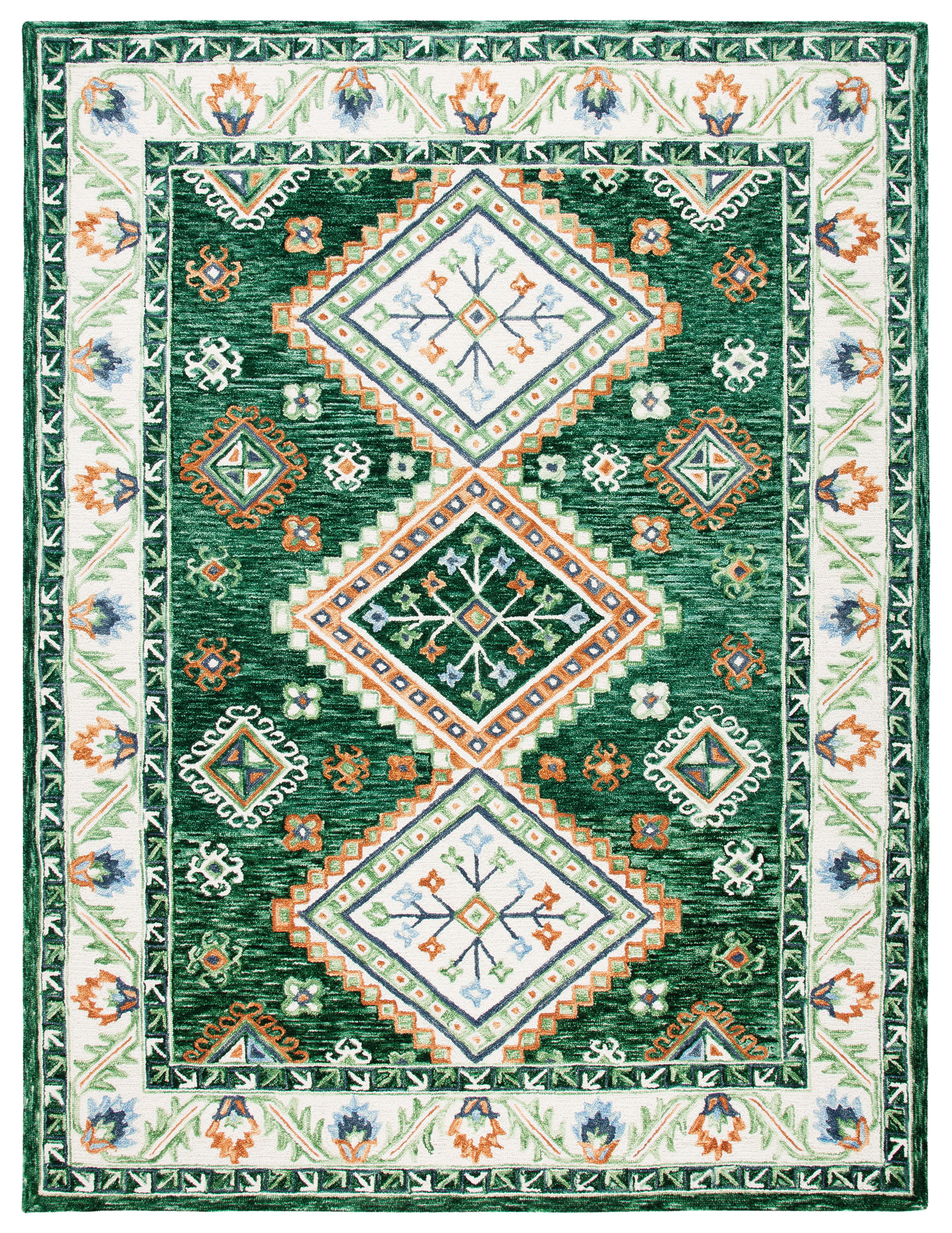 Ivory and Green Hand Tufted Wool Area Rug 8' x 10'