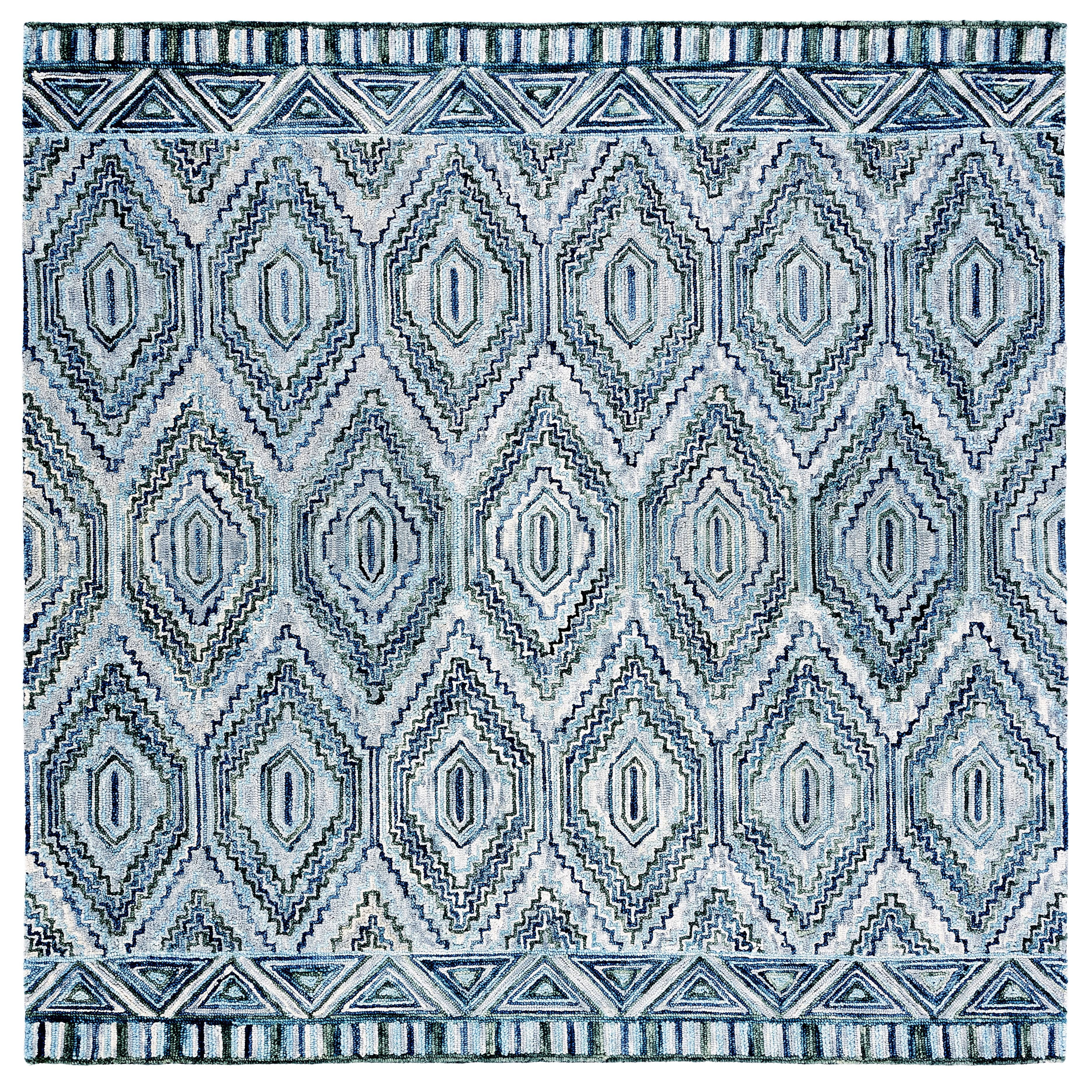 Rustic-Chic Blue Geometric Wool Square Area Rug - 7'x7'