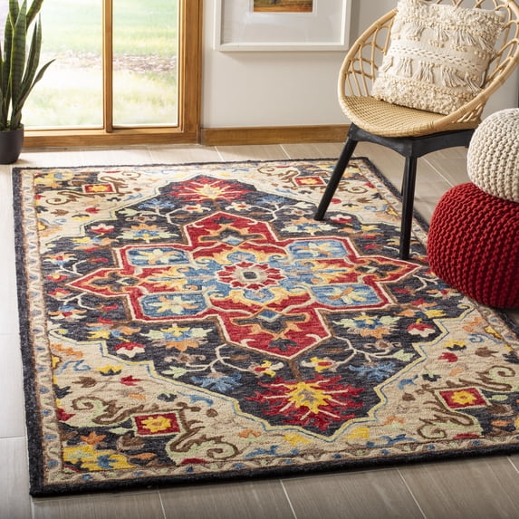 SAFAVIEH Aspen Ellie Floral Bordered Wool Area Rug, Charcoal/Cream, 8' x 10'