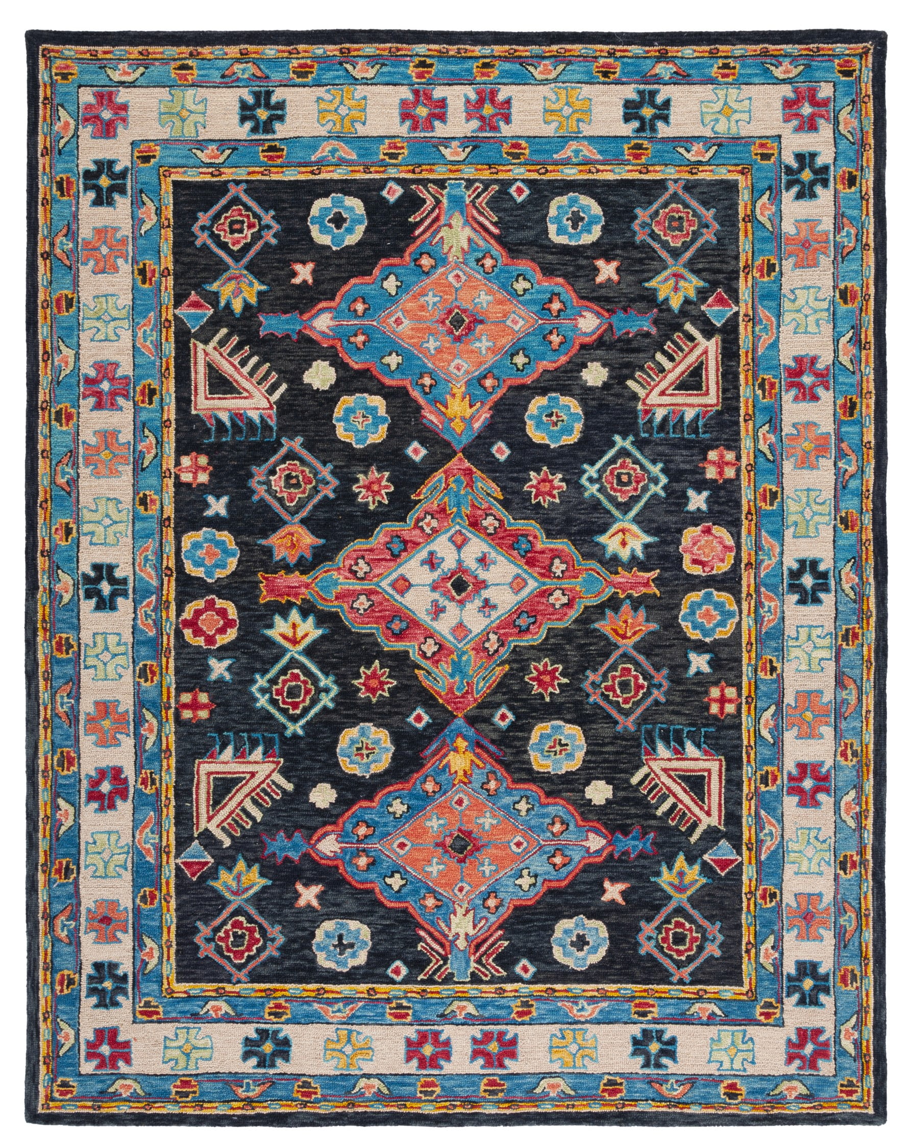 Handmade Tufted Round Blue Geometric Wool Rug, 68 in