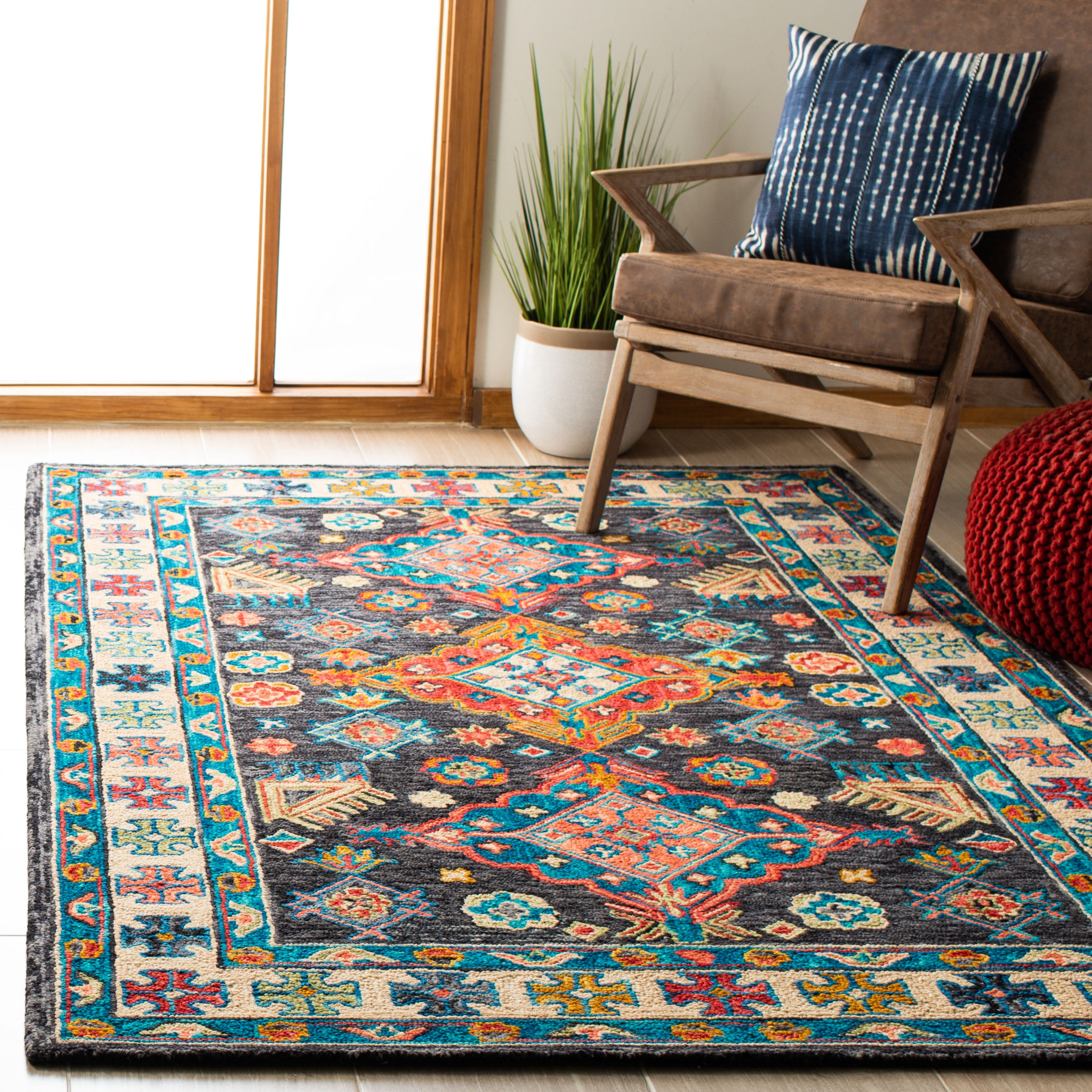 Aspen Charcoal and Blue Handmade Wool Floral Area Rug