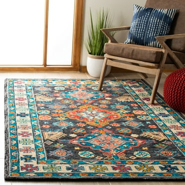SAFAVIEH Aspen Ermintrude Floral Bordered Wool Area Rug, Charcoal/Blue, 5' x 8'