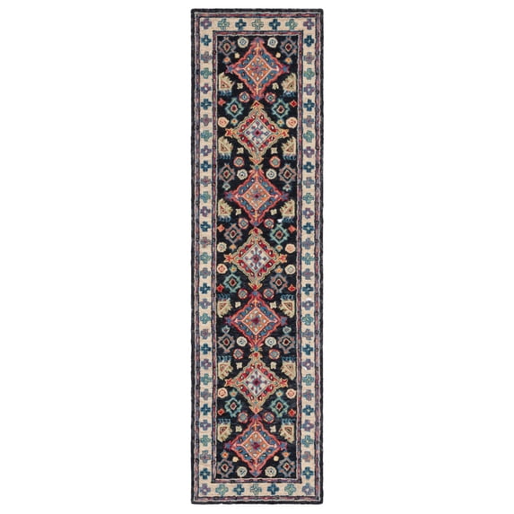 SAFAVIEH Aspen Ermintrude Floral Bordered Wool Runner Rug, Charcoal/Blue, 2'3" x 13'