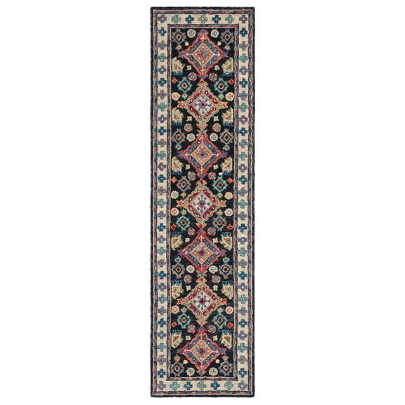 SAFAVIEH Aspen Ermintrude Geometric Wool Runner Rug, Charcoal/Blue, 2'3" x 15'