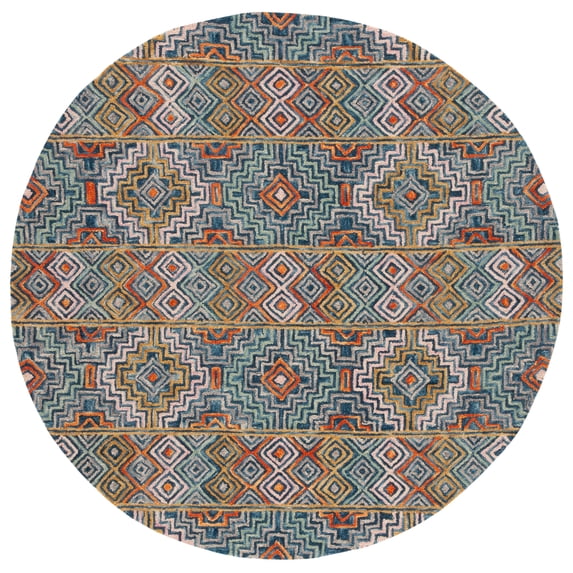 SAFAVIEH Aspen Ethelbert Geometric Striped Wool Area Rug, Blue/Gold, 4' x 4' Round