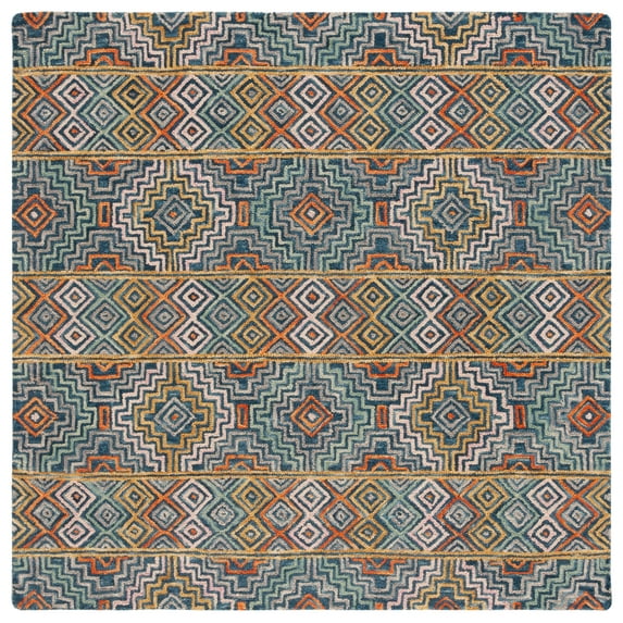 SAFAVIEH Aspen Ethelbert Geometric Striped Wool Area Rug, Blue/Gold, 4' x 4' Square