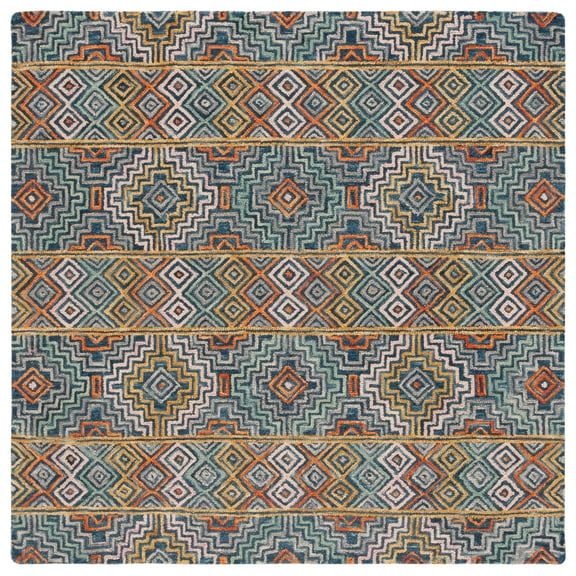 SAFAVIEH Aspen Ethelbert Geometric Striped Wool Area Rug, Blue/Gold, 7' x 7' Square