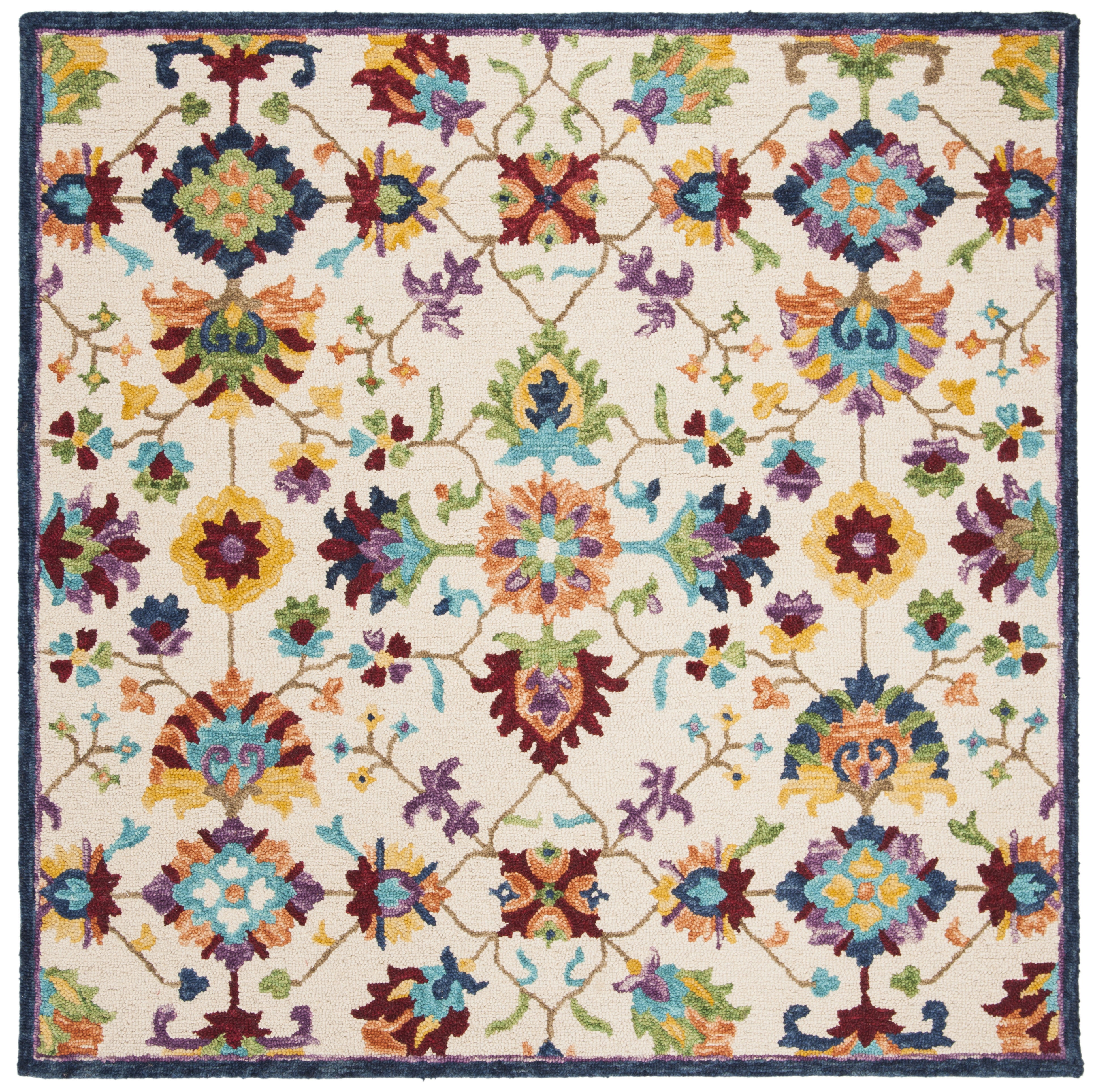 Ivory and Blue Handmade Tufted Wool Square Rug, 3 x 3 ft
