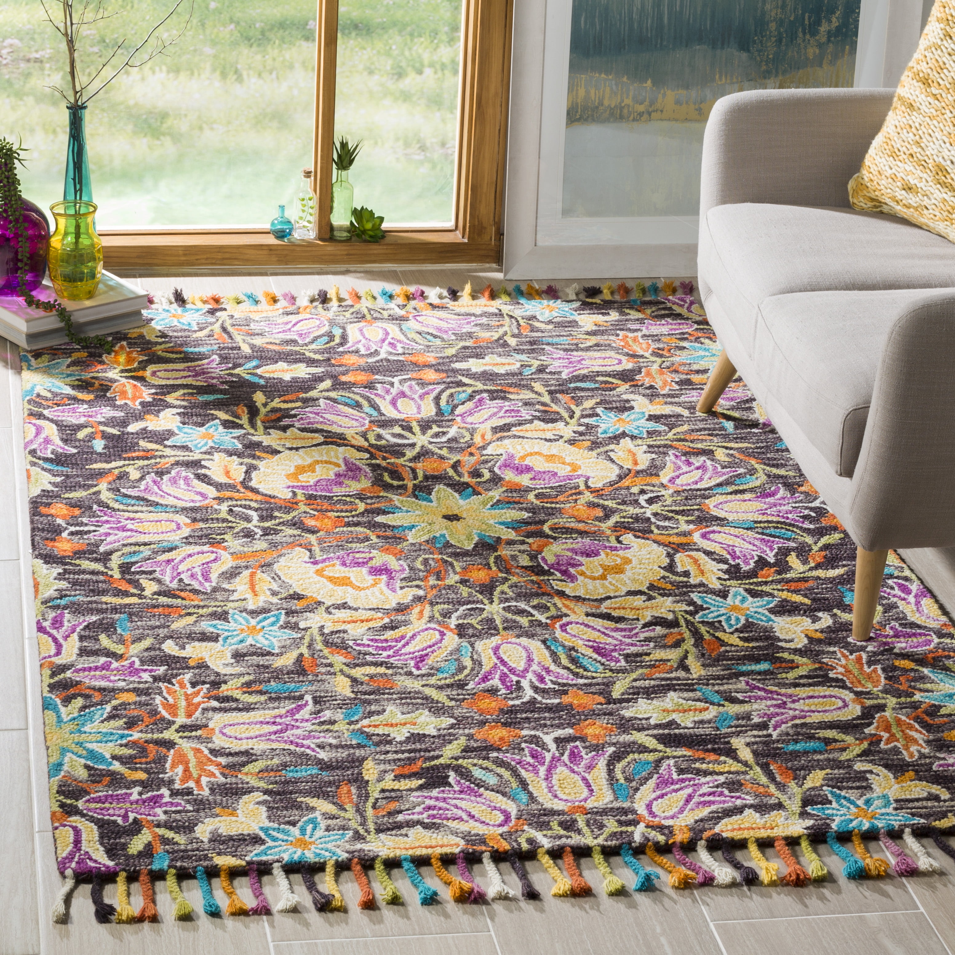 Handmade Black and Purple Floral Wool Area Rug