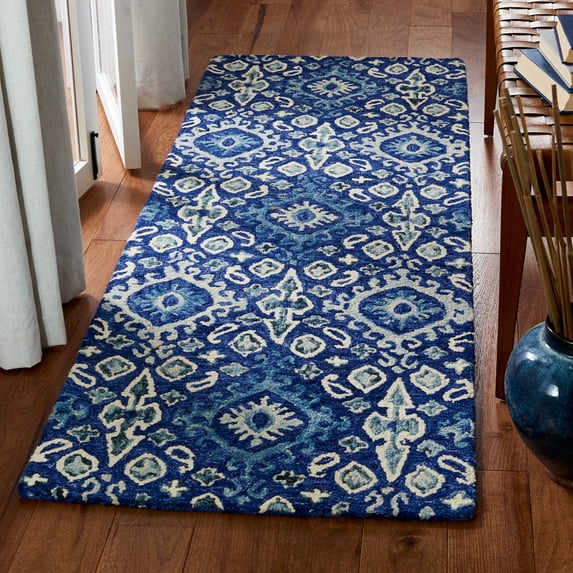 SAFAVIEH Aspen Isaiah Floral Bordered Wool Runner Rug, Navy/Beige, 2'3" x 7'