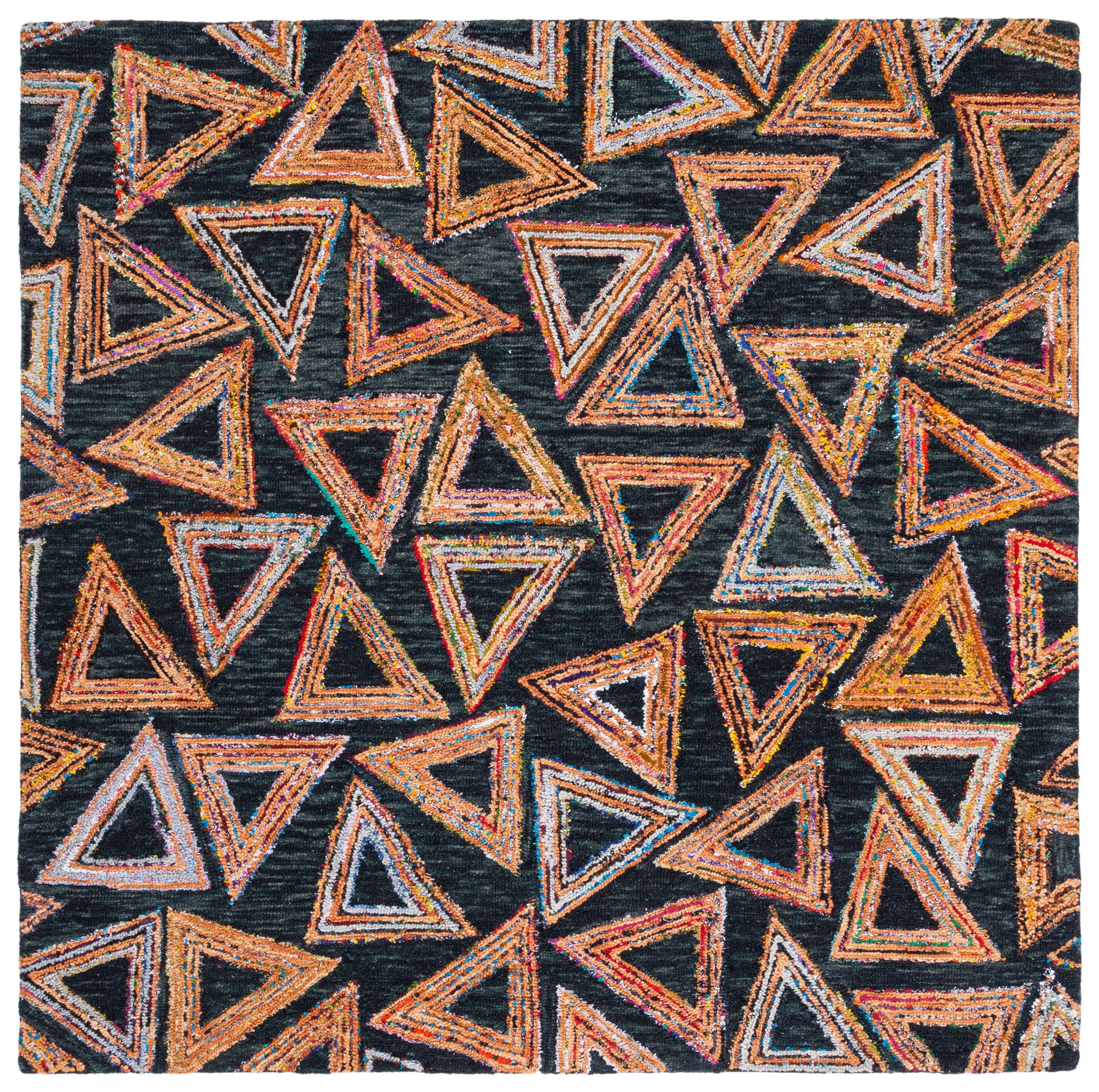 Black Geometric Tufted Wool Square Area Rug - Handmade 7' x 7'